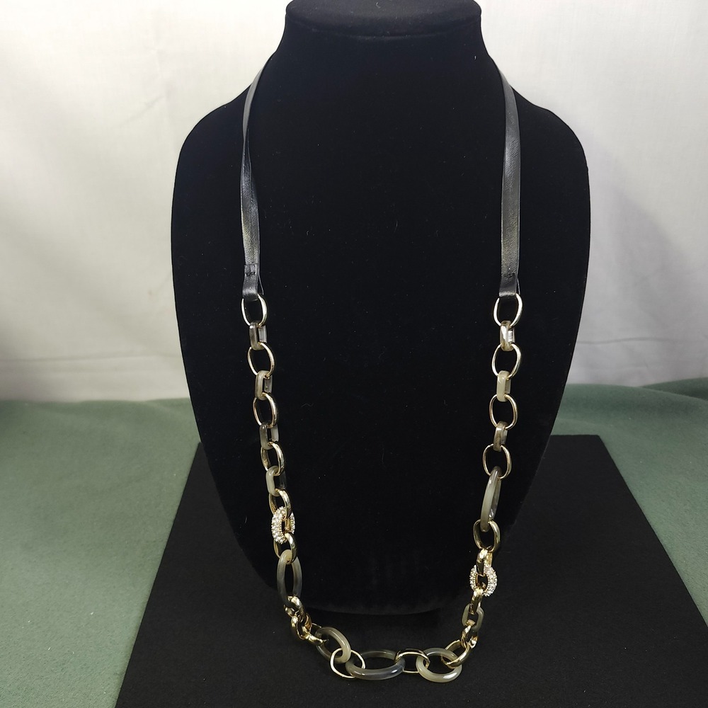 Ann Taylor Necklace Womens Black‎ Leather Gold Tone Resin Pave Crystal Statement